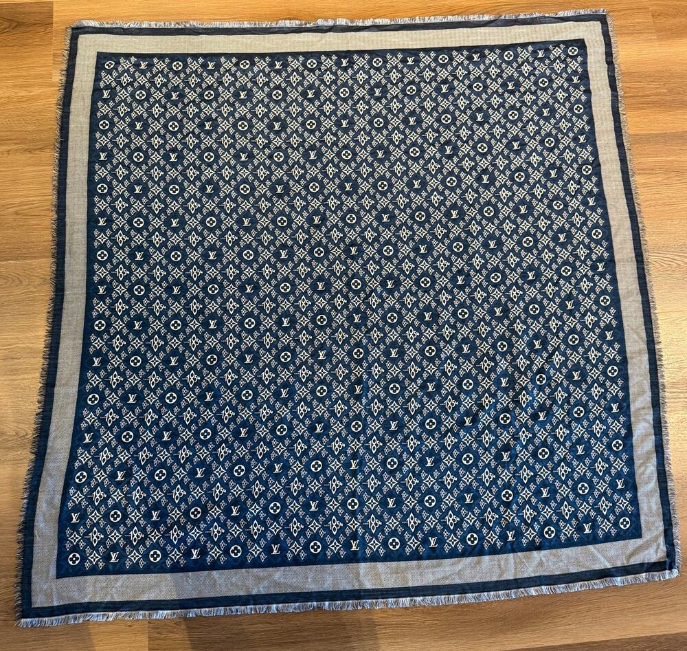 LOUIS VUITTON "Since 1854" Blue Silk/Wool Scarf